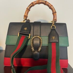 Gucci calfskin bamboo web large Dionysus top handle bag black bright evergreen